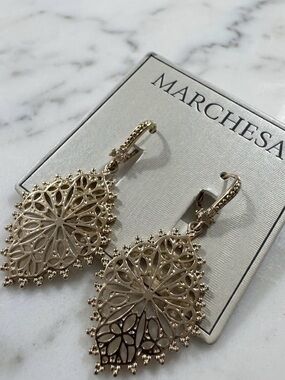 Marchesa Gold-Tone Filigree Beading Openwork Leverback Drop Earrings